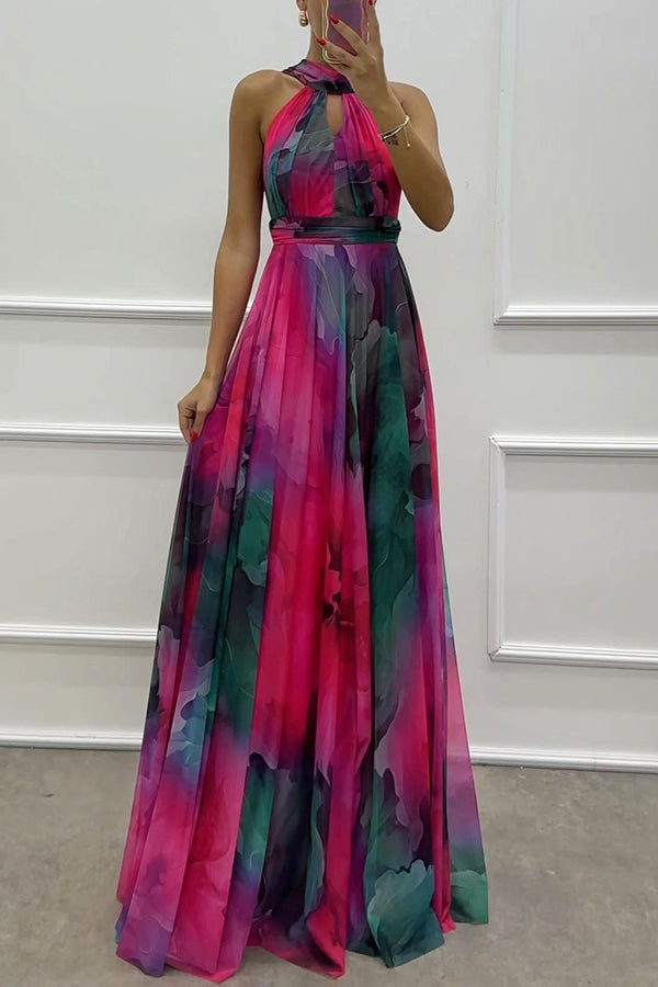 Elaine - Floral Print Tulle Maxi Dress with Cut-Outs and Neck Tie