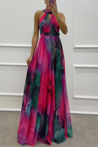 Elaine - Floral Print Tulle Maxi Dress with Cut-Outs and Neck Tie