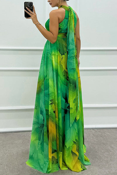 Elaine - Floral Print Tulle Maxi Dress with Cut-Outs and Neck Tie