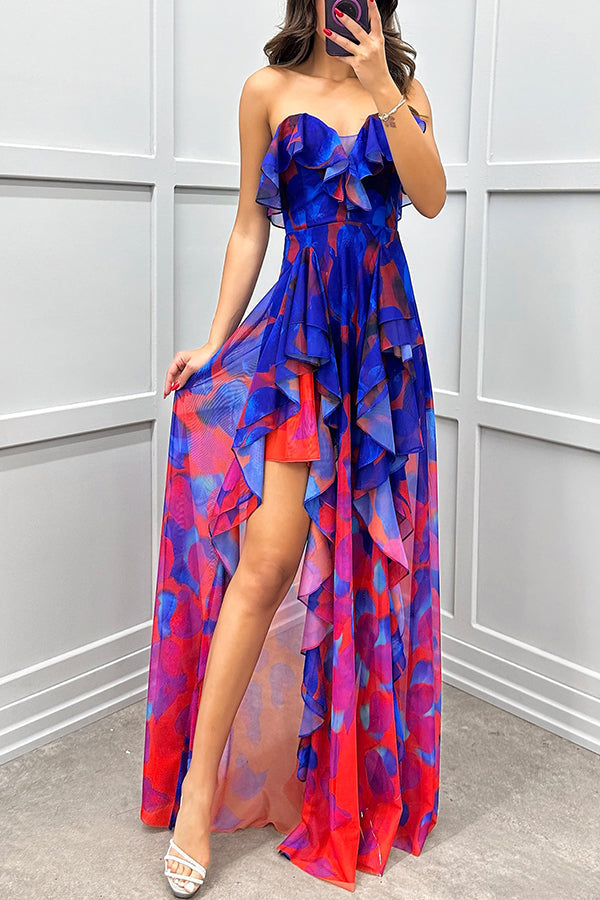 Georgia - Strapless Maxi Dress with Gradient, Print, Ruffles, and Split
