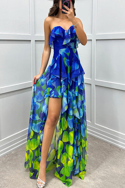 Georgia - Strapless Maxi Dress with Gradient, Print, Ruffles, and Split