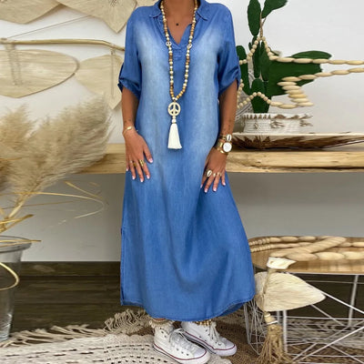 Lea | Long Denim Look Dress with Side Split
