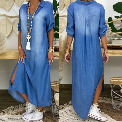 Lea | Long Denim Look Dress with Side Split