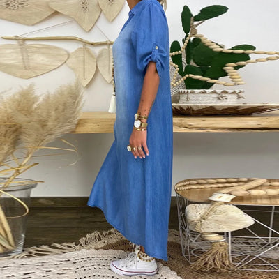 Lea | Long Denim Look Dress with Side Split