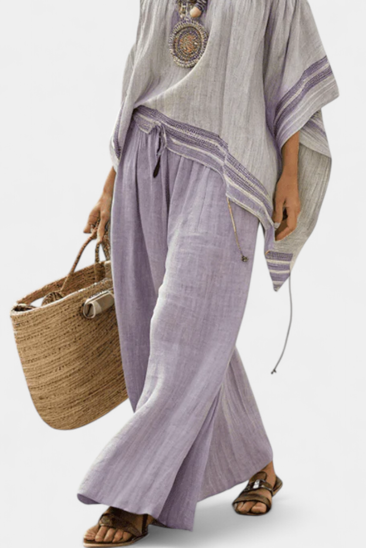 Bamboo linen striped co-ord set with off-shoulder top and wide-leg trousers for an elegant and fresh style