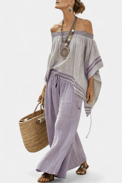 Bamboo linen striped co-ord set with off-shoulder top and wide-leg trousers for an elegant and fresh style