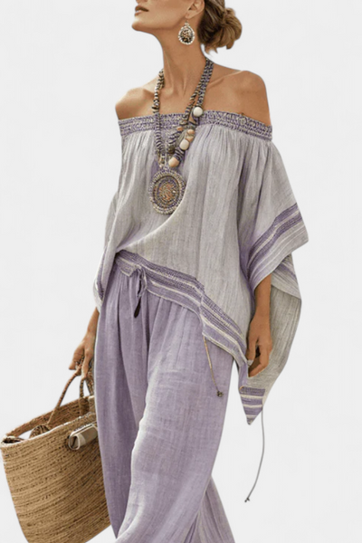 Bamboo linen striped co-ord set with off-shoulder top and wide-leg trousers for an elegant and fresh style