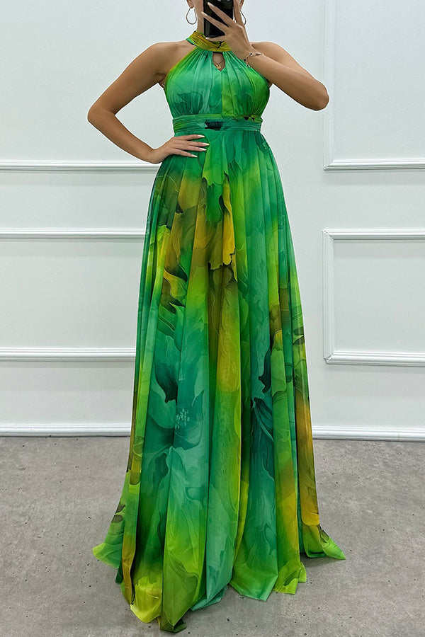 Elaine - Floral Print Tulle Maxi Dress with Cut-Outs and Neck Tie