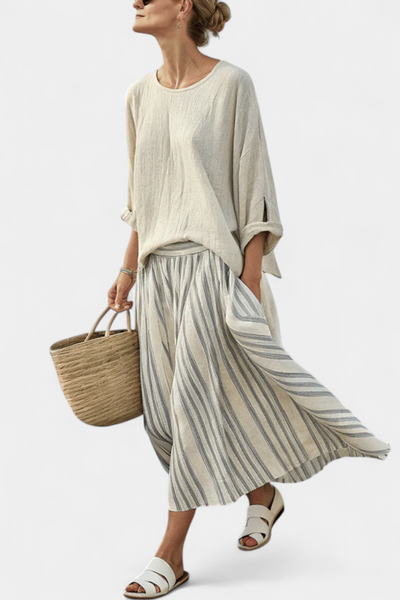 Complete Casual Daisy with Oversized Blouse and Striped Midi Skirt in Bamboo Linen for an Elegant and Comfortable Style