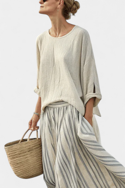 Complete Casual Daisy with Oversized Blouse and Striped Midi Skirt in Bamboo Linen for an Elegant and Comfortable Style