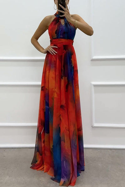 Elaine - Floral Print Tulle Maxi Dress with Cut-Outs and Neck Tie