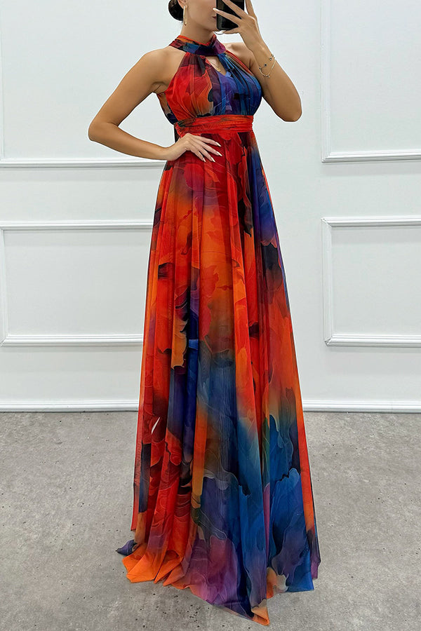 Elaine - Floral Print Tulle Maxi Dress with Cut-Outs and Neck Tie