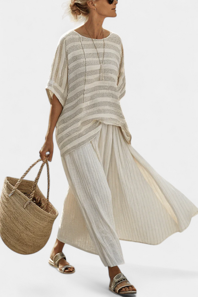 Daisy Bamboo Linen Suit with Elegant Striped Blouse and Flowing Trousers for a Modern and Comfortable Style
