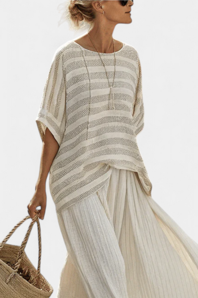 Daisy Bamboo Linen Suit with Elegant Striped Blouse and Flowing Trousers for a Modern and Comfortable Style