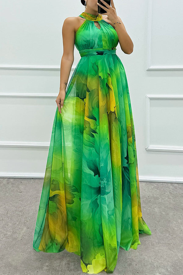 Elaine - Floral Print Tulle Maxi Dress with Cut-Outs and Neck Tie