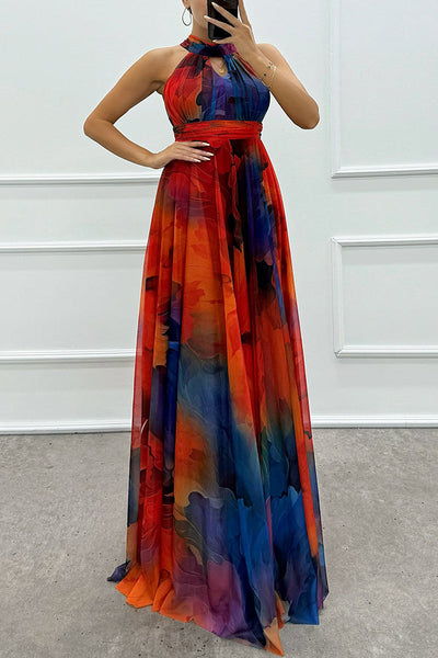 Elaine - Floral Print Tulle Maxi Dress with Cut-Outs and Neck Tie