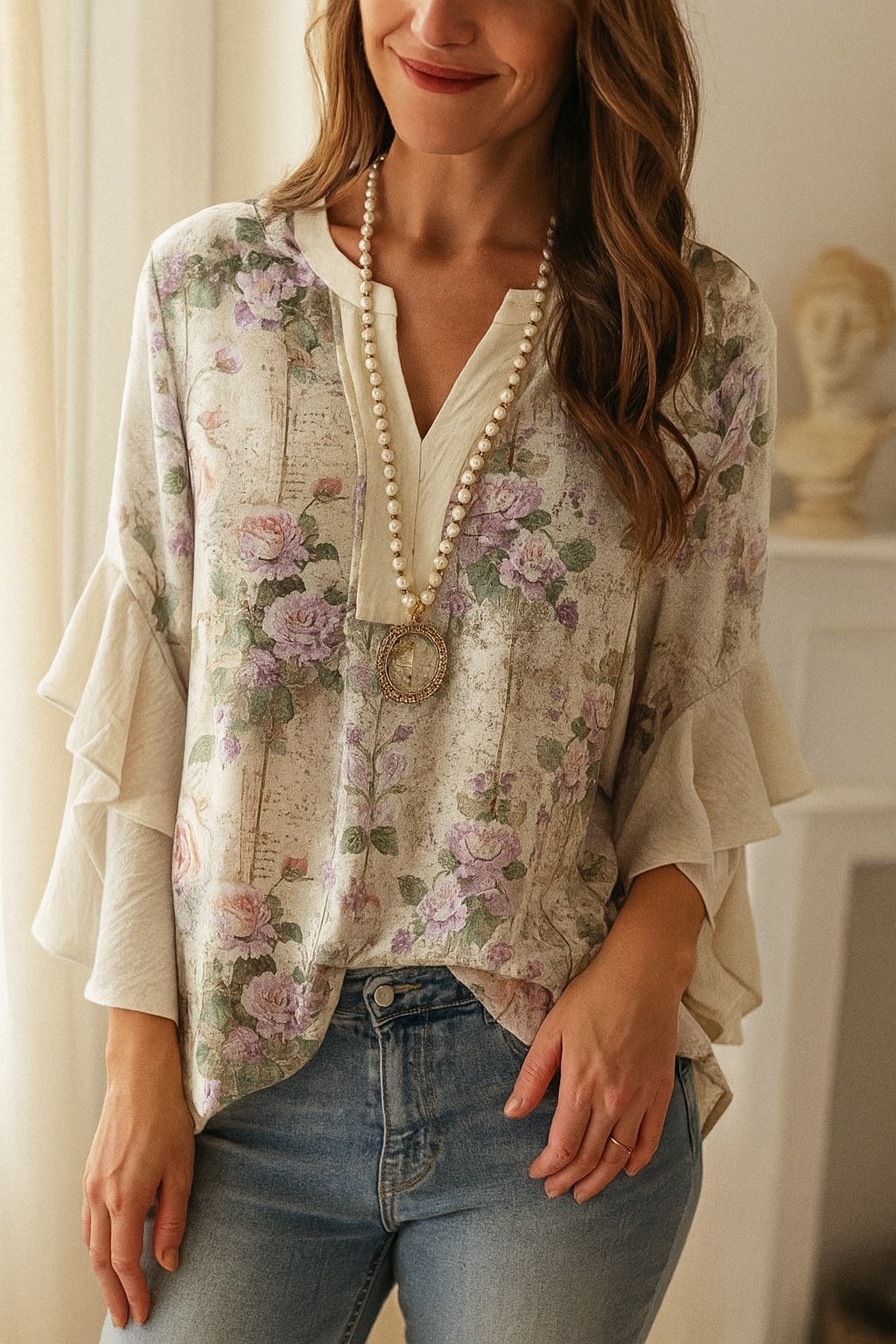 Fleur – Romantic blouse with floral print and flared sleeves
