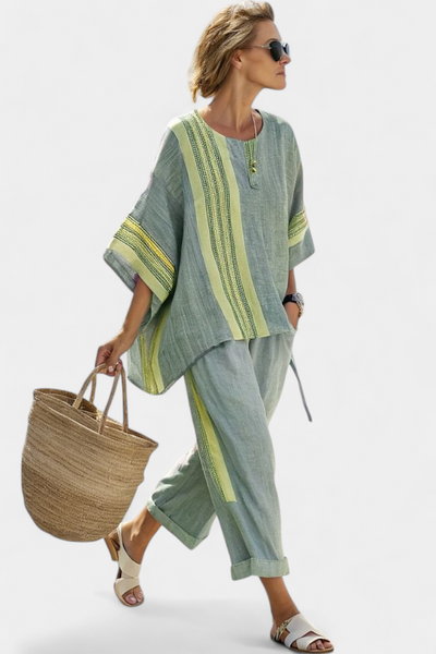 Bamboo linen set in enchanting lavender with yellow striped details