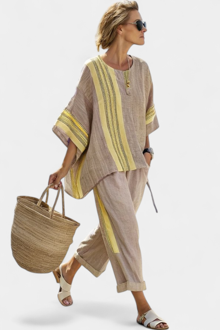 Bamboo linen set in enchanting lavender with yellow striped details