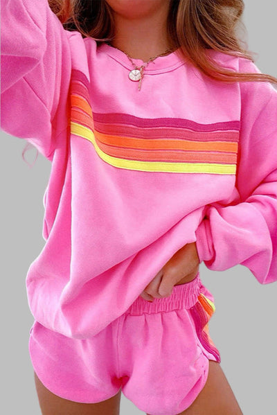 Jovie™ - Comfy Striped Crew Neck Top and Shorts Loungewear Set