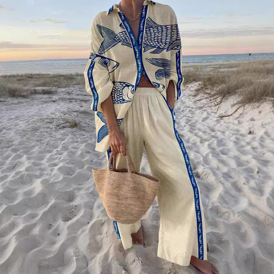 Yazette™ | Blue Fish Print Clothing Set