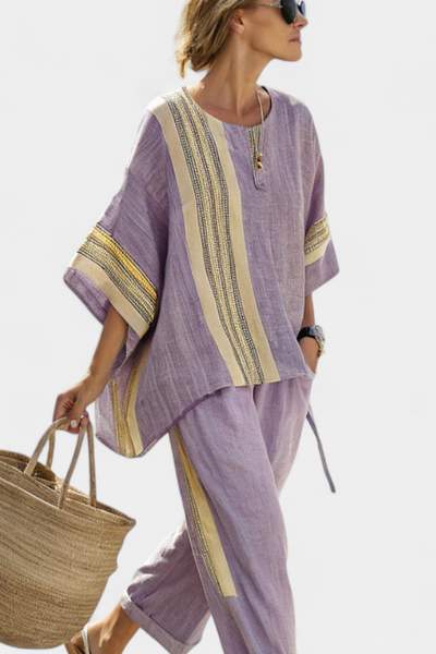Bamboo linen set in enchanting lavender with yellow striped details