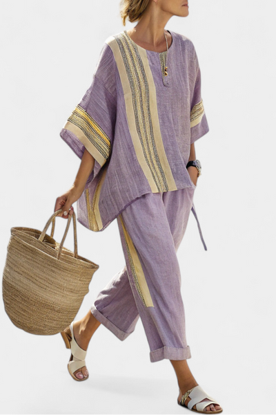Bamboo linen set in enchanting lavender with yellow striped details