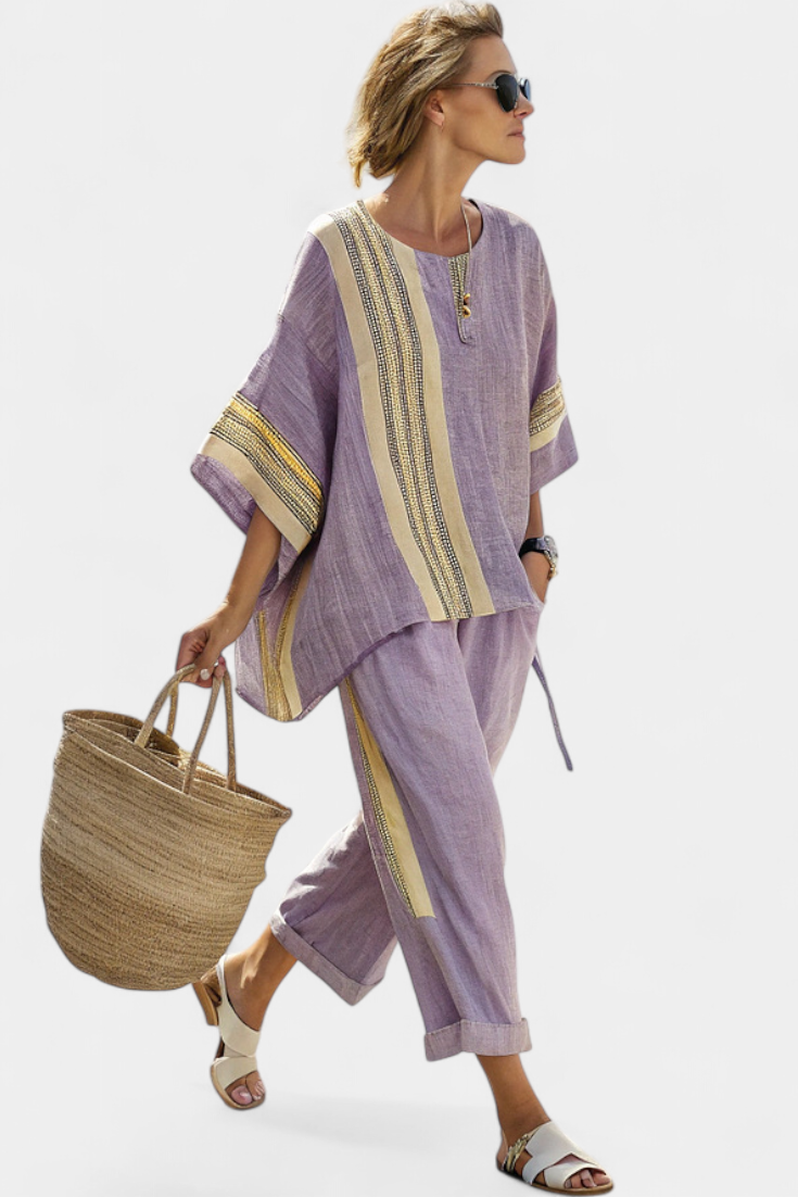 Bamboo linen set in enchanting lavender with yellow striped details