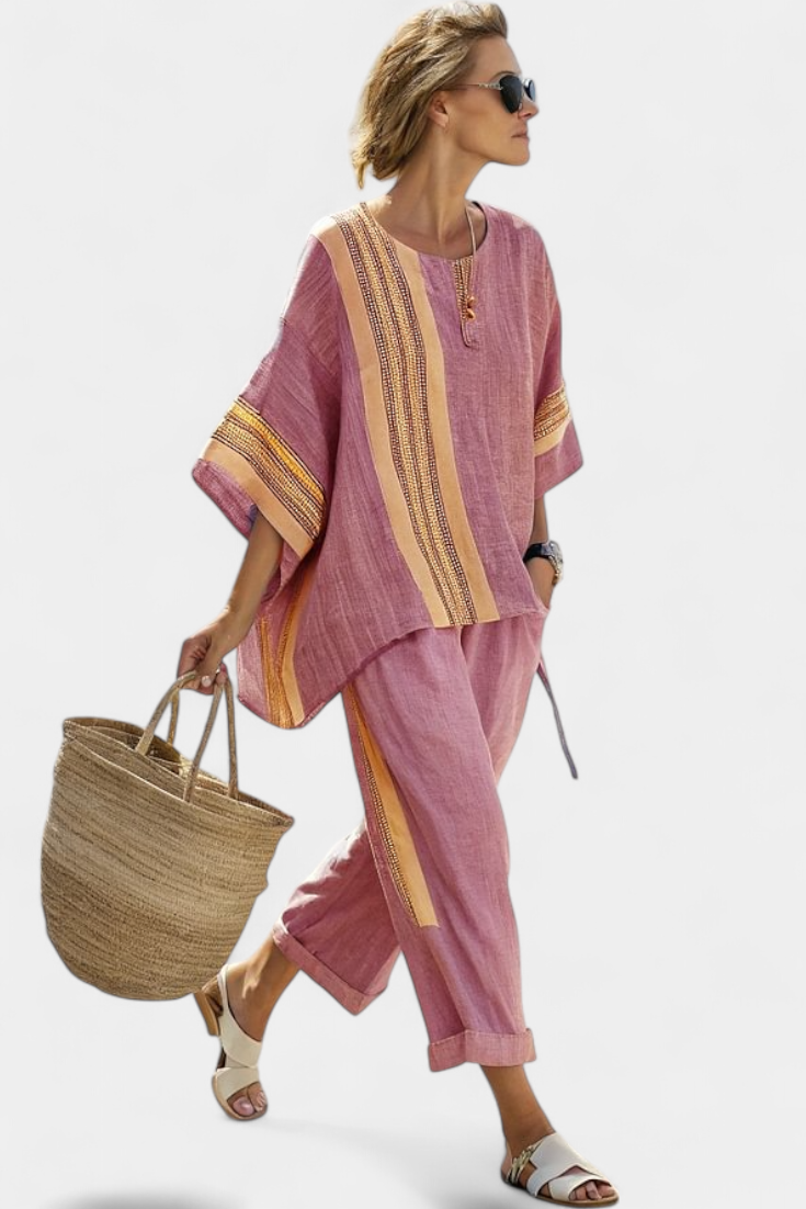 Bamboo linen set in enchanting lavender with yellow striped details