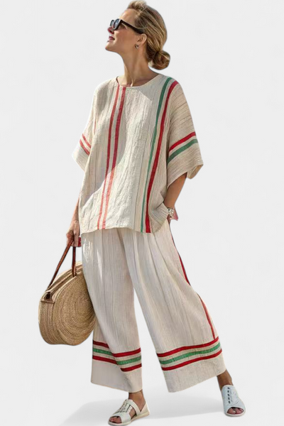 Complete Mediterranean Daisy in bamboo linen with elegant red and green stripes