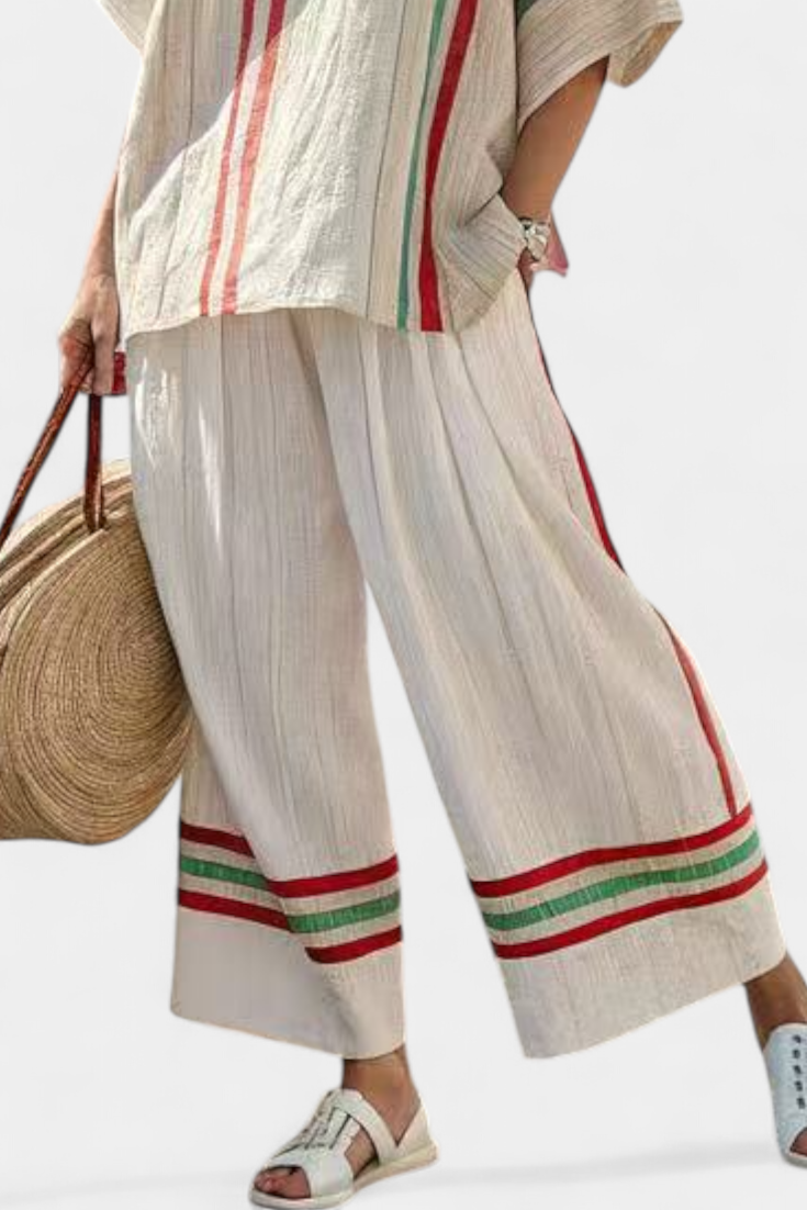 Complete Mediterranean Daisy in bamboo linen with elegant red and green stripes