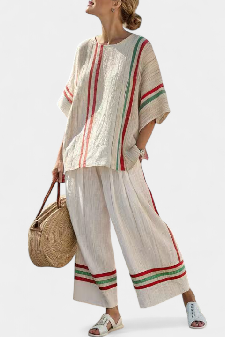 Complete Mediterranean Daisy in bamboo linen with elegant red and green stripes