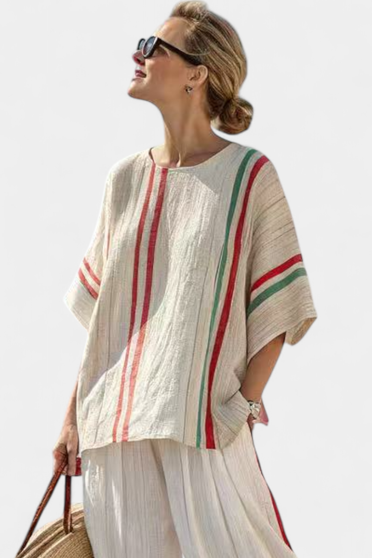 Complete Mediterranean Daisy in bamboo linen with elegant red and green stripes
