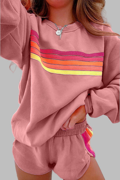 Jovie™ - Comfy Striped Crew Neck Top and Shorts Loungewear Set