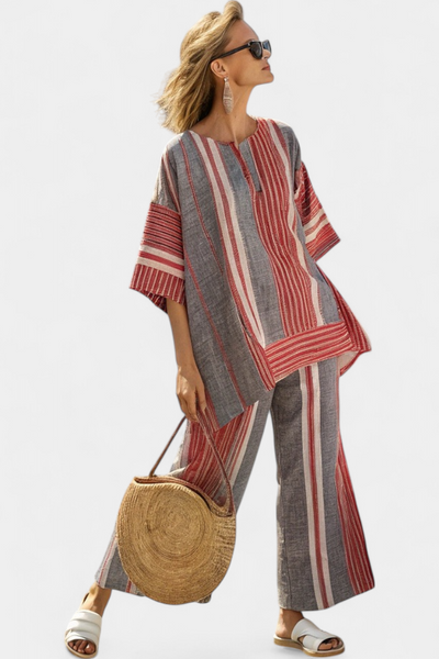 Complete Oversized Daisy in Linen with Coral and Grey Striped Flounce, Modern and Comfortable Style