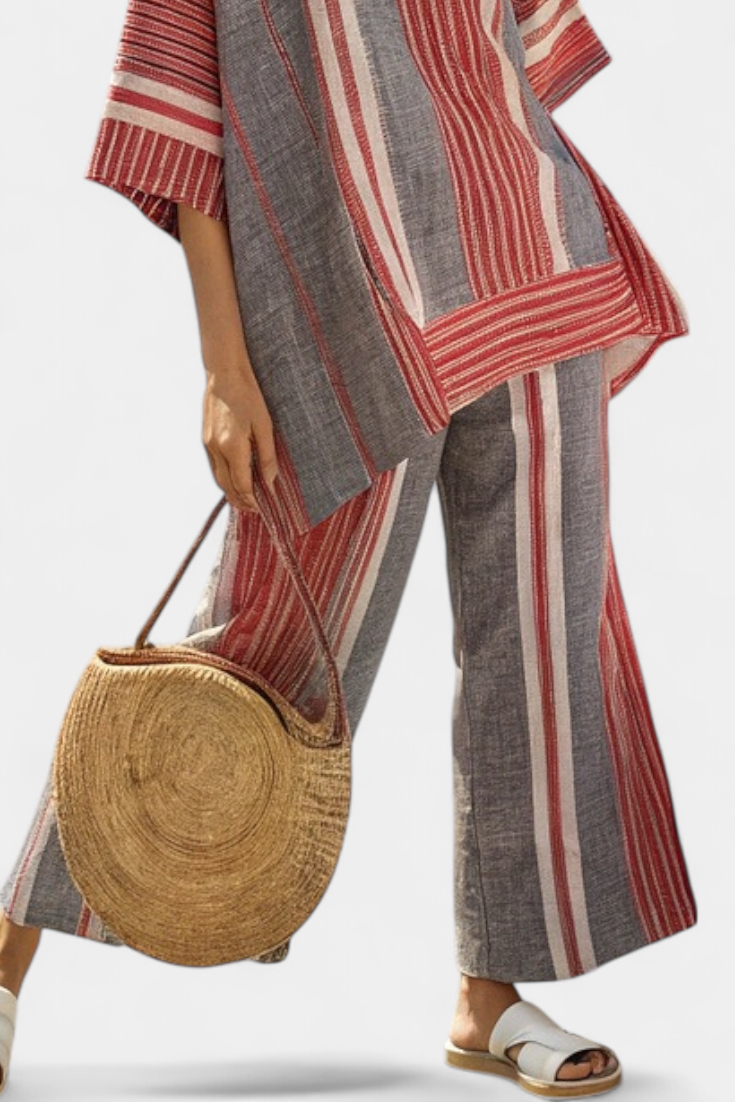 Complete Oversized Daisy in Linen with Coral and Grey Striped Flounce, Modern and Comfortable Style