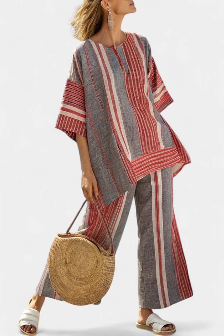 Complete Oversized Daisy in Linen with Coral and Grey Striped Flounce, Modern and Comfortable Style