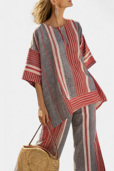 Complete Oversized Daisy in Linen with Coral and Grey Striped Flounce, Modern and Comfortable Style