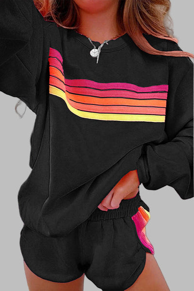 Jovie™ - Comfy Striped Crew Neck Top and Shorts Loungewear Set