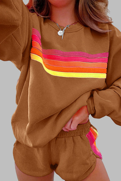 Jovie™ - Comfy Striped Crew Neck Top and Shorts Loungewear Set