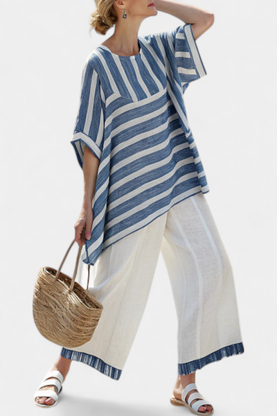 Elegant Mediterranean Linen Set with Blue Stripes and Hem-Finished Trousers for a Fresh and Stylish Look