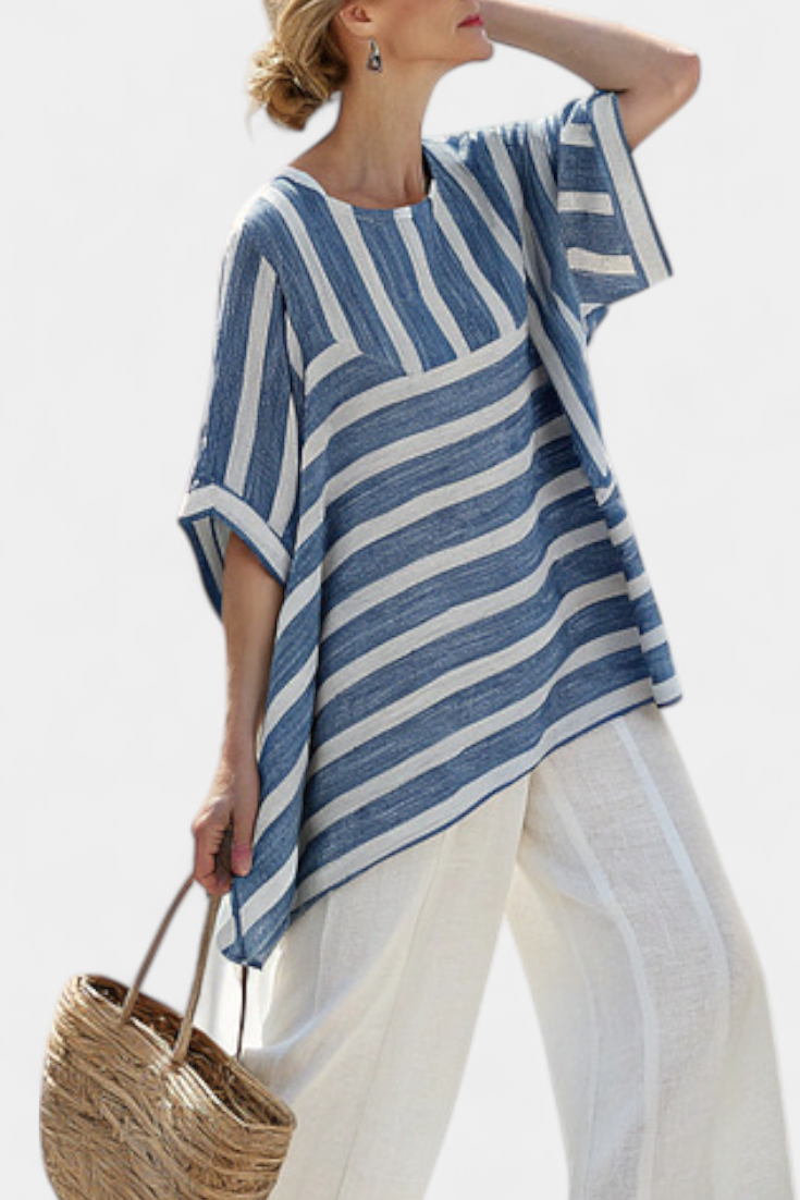 Elegant Mediterranean Linen Set with Blue Stripes and Hem-Finished Trousers for a Fresh and Stylish Look