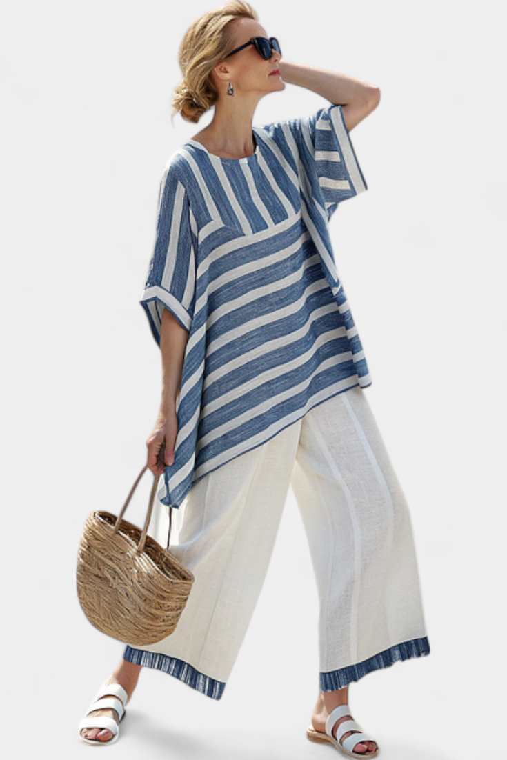 Elegant Mediterranean Linen Set with Blue Stripes and Hem-Finished Trousers for a Fresh and Stylish Look