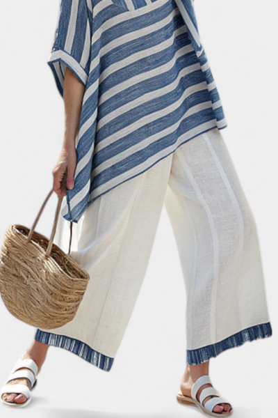 Elegant Mediterranean Linen Set with Blue Stripes and Hem-Finished Trousers for a Fresh and Stylish Look