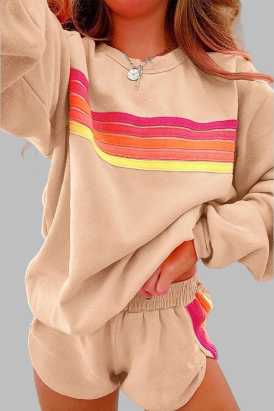 Jovie™ - Comfy Striped Crew Neck Top and Shorts Loungewear Set