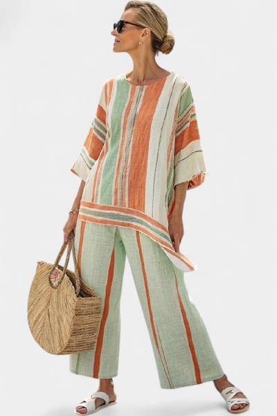 Elegant Bamboo Linen Striped Set with Asymmetric Blouse and Wide Trousers for a Refined Style