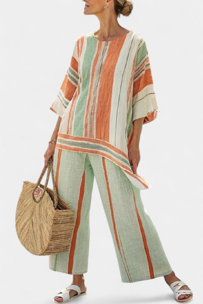 Elegant Bamboo Linen Striped Set with Asymmetric Blouse and Wide Trousers for a Refined Style