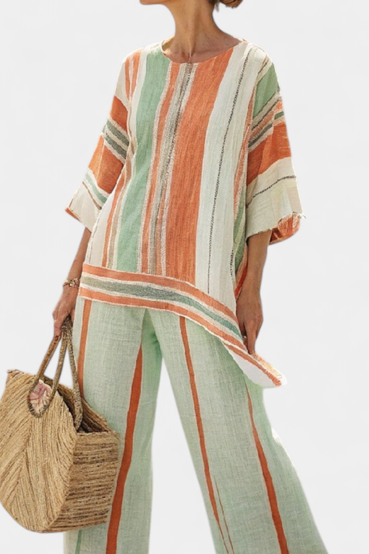 Elegant Bamboo Linen Striped Set with Asymmetric Blouse and Wide Trousers for a Refined Style