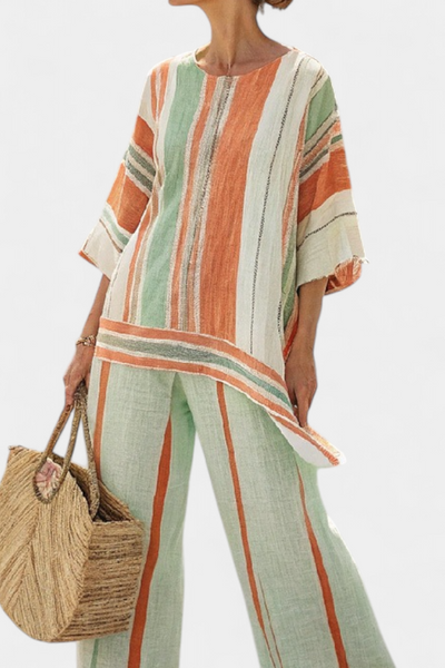 Elegant Bamboo Linen Striped Set with Asymmetric Blouse and Wide Trousers for a Refined Style