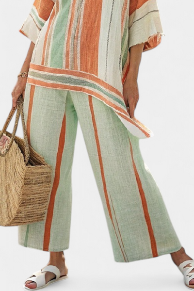 Elegant Bamboo Linen Striped Set with Asymmetric Blouse and Wide Trousers for a Refined Style